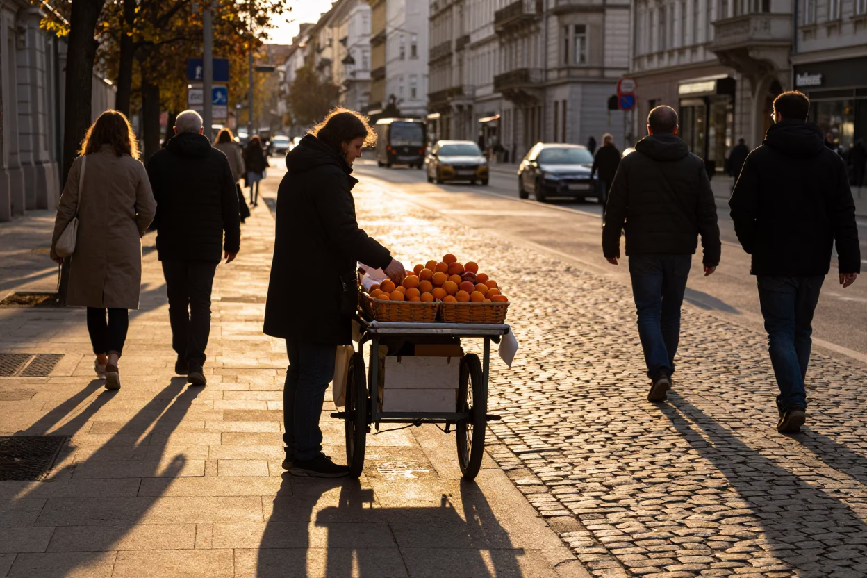 Vienna Austria Sunset Street Scene with Apricots and Urban Life in in Vienna, Austria