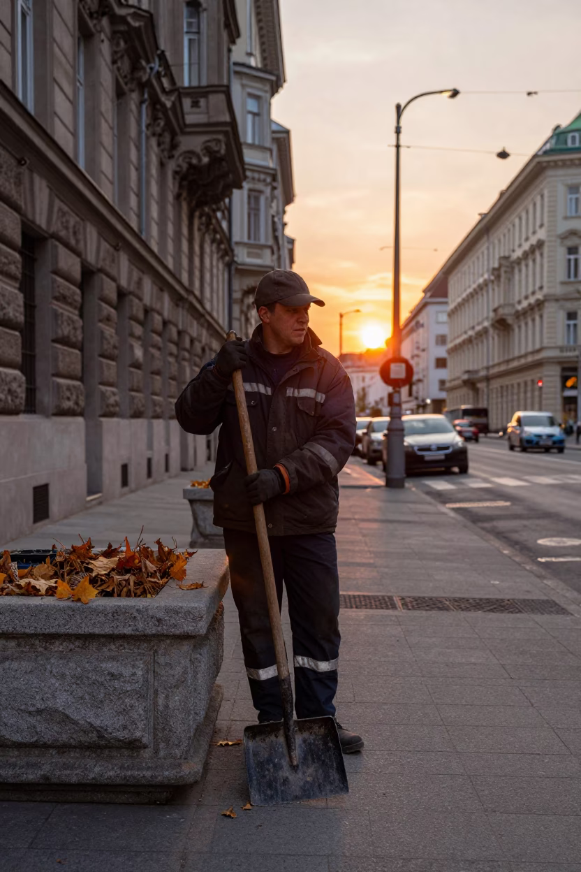 Vienna Austria sunset street scene with ash shovel and sun stripe on metal latch in in Vienna, Austria