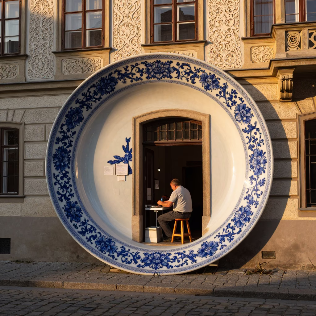 Vienna Austria Sunset Street Scene with Blue White Porcelain Plate on Work Stool in in Vienna, Austria