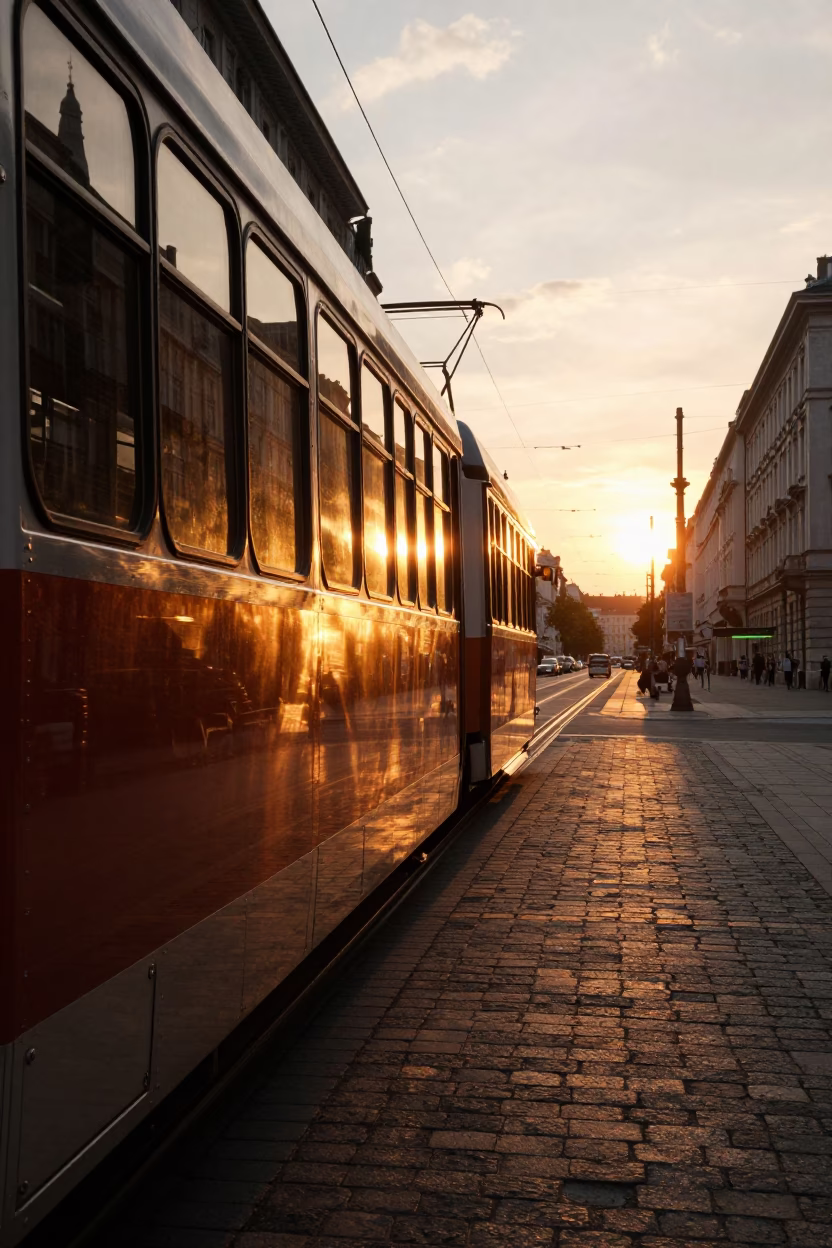 Vienna Austria Sunset Street Scene with Brushed Steel Reflection and Wall Hook in in Vienna, Austria