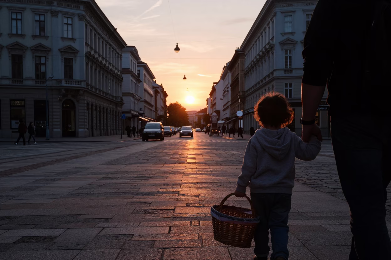Vienna Austria Sunset Street Scene with Child and Vintage Basket in in Vienna, Austria