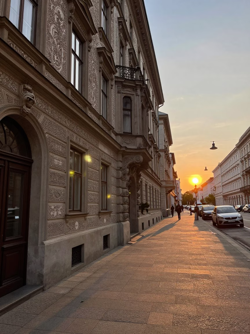 Vienna Austria Sunset Street Scene with Classic Architecture and Local Life in in Vienna, Austria
