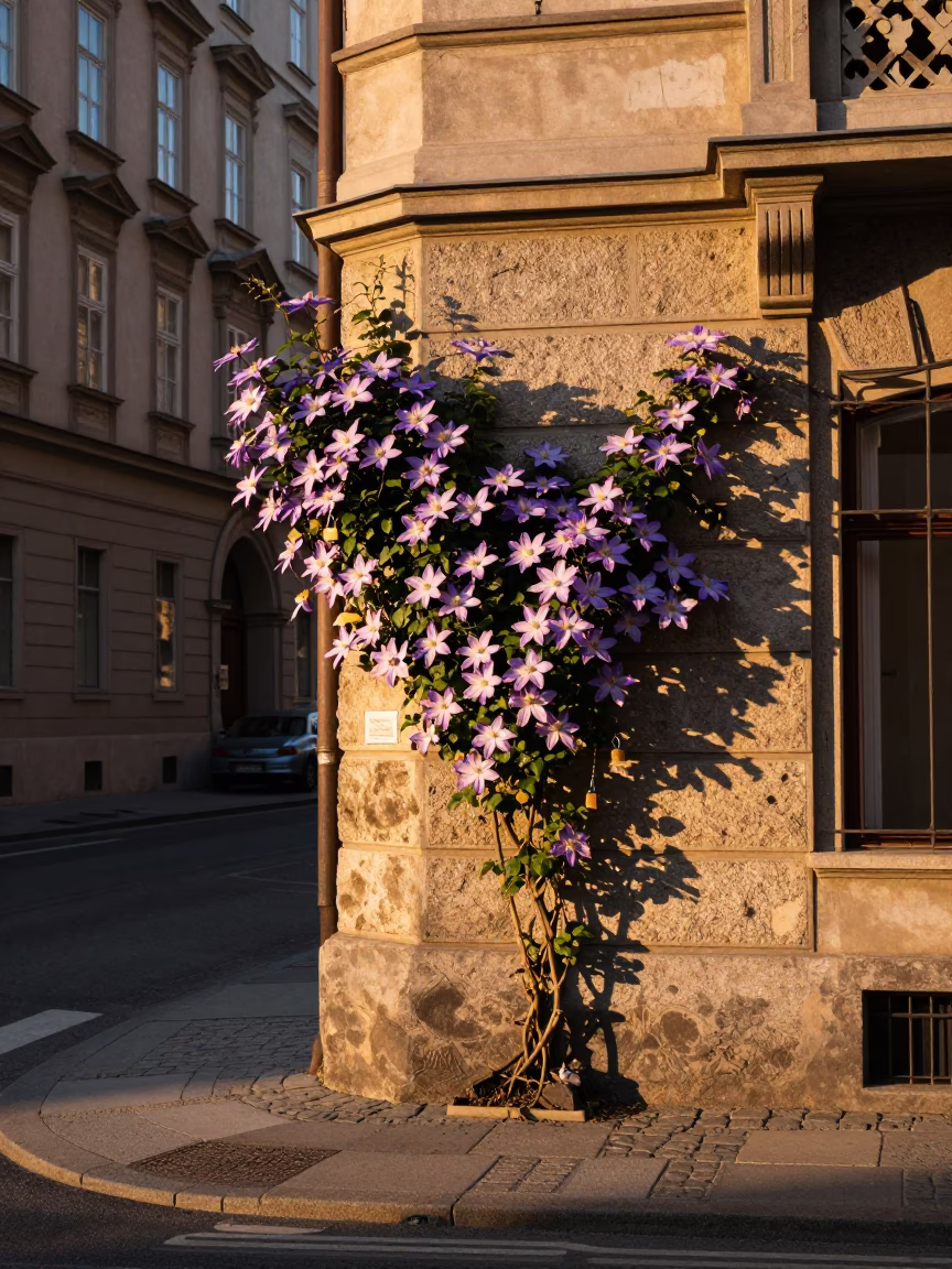 Vienna Austria Sunset Street Scene with Clematis Vine and Padlock Detail in in Vienna, Austria