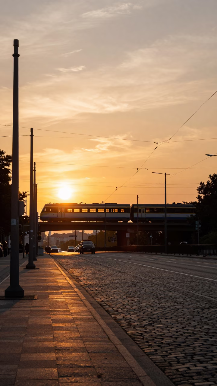 Vienna Austria Sunset Street Scene with Commuter Train Bridge and Urban Life in in Vienna, Austria
