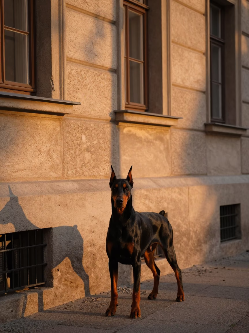 Vienna Austria Sunset Street Scene with Doberman Pinscher and Traditional Architecture in in Vienna, Austria