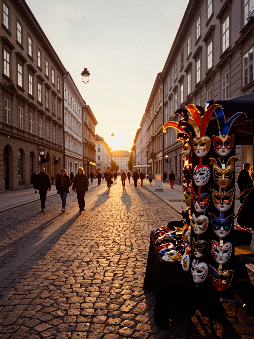Vienna Austria Sunset Street Scene with Fasching Carnival Masks and Spindle Chair in in Vienna, Austria