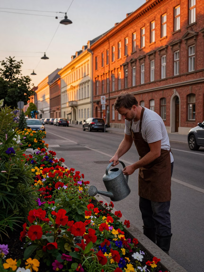 Vienna Austria Sunset Street Scene with Gardener and Watering Jug in in Vienna, Austria
