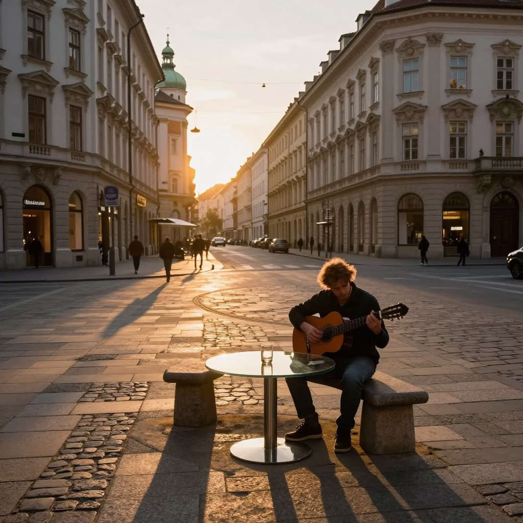 Vienna Austria Sunset Street Scene with Guitar and Glass Table in in Vienna, Austria