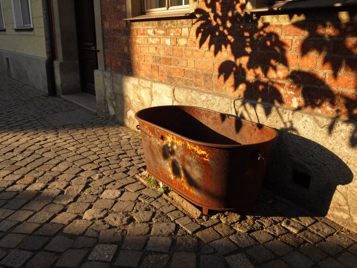 Vienna Austria Sunset Street Scene with Leaf Shadows and Rusty Basin Details in in Vienna, Austria