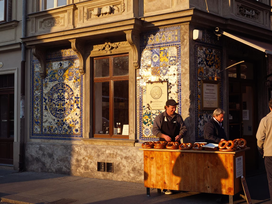 Vienna Austria Sunset Street Scene with Majolica Tiles and Local Interaction in in Vienna, Austria