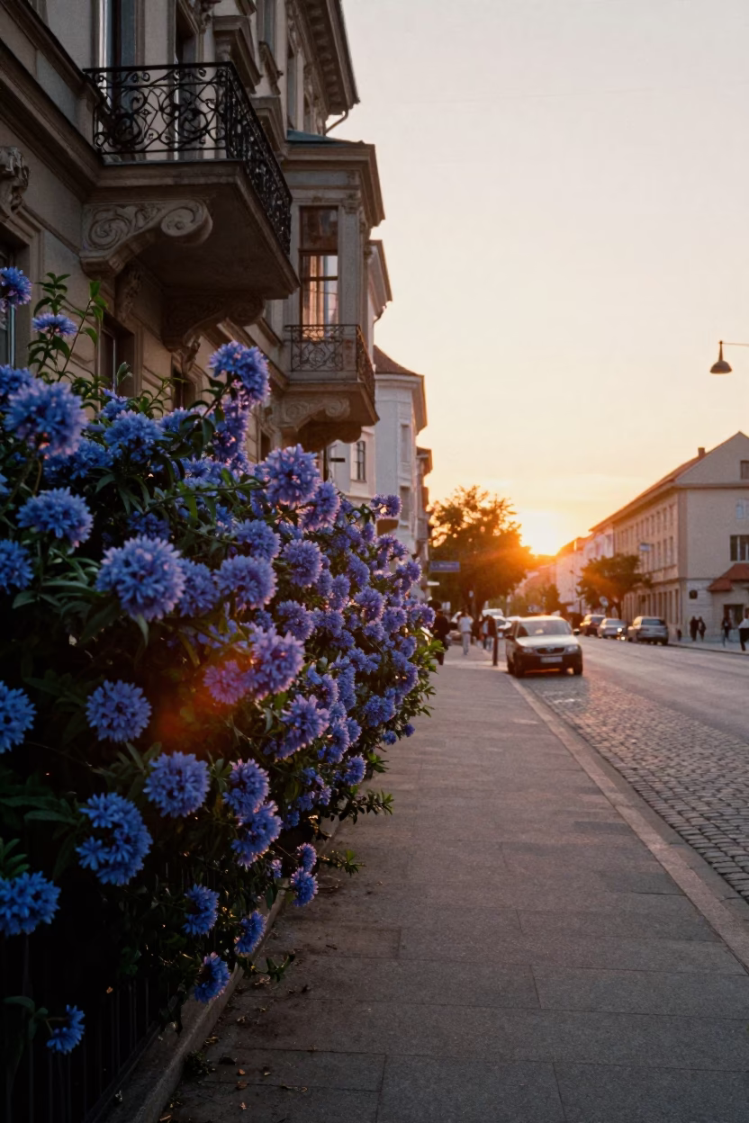 Vienna Austria Sunset Street Scene with Plumbago Hedge and Classic Architecture in in Vienna, Austria