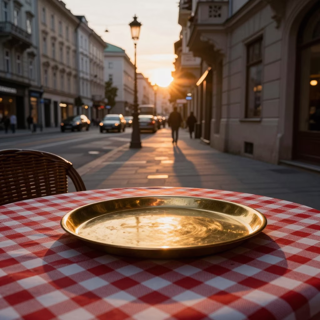 Vienna Austria Sunset Street Scene with Polished Brass Tray and Wicker Shadow in in Vienna, Austria