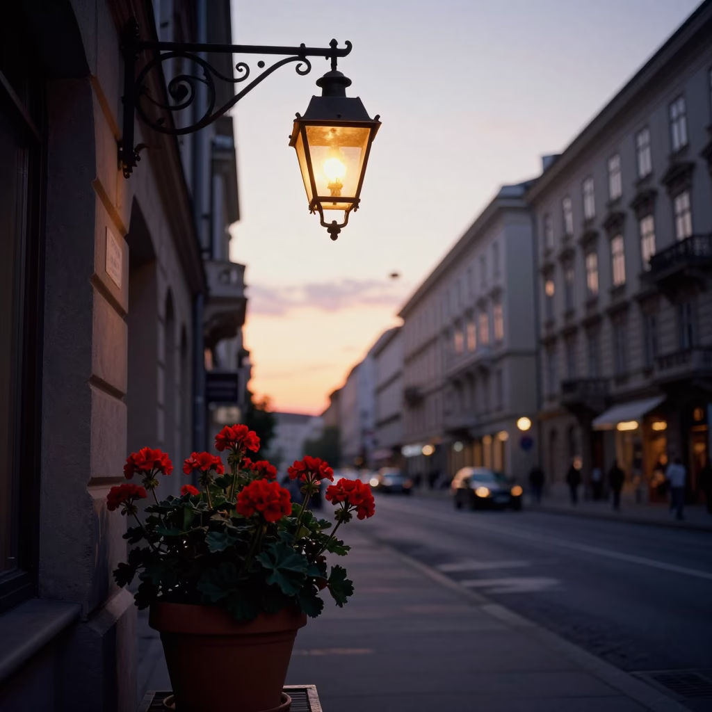 Vienna Austria Sunset Street Scene with Potted Geraniums and Lantern Light in in Vienna, Austria