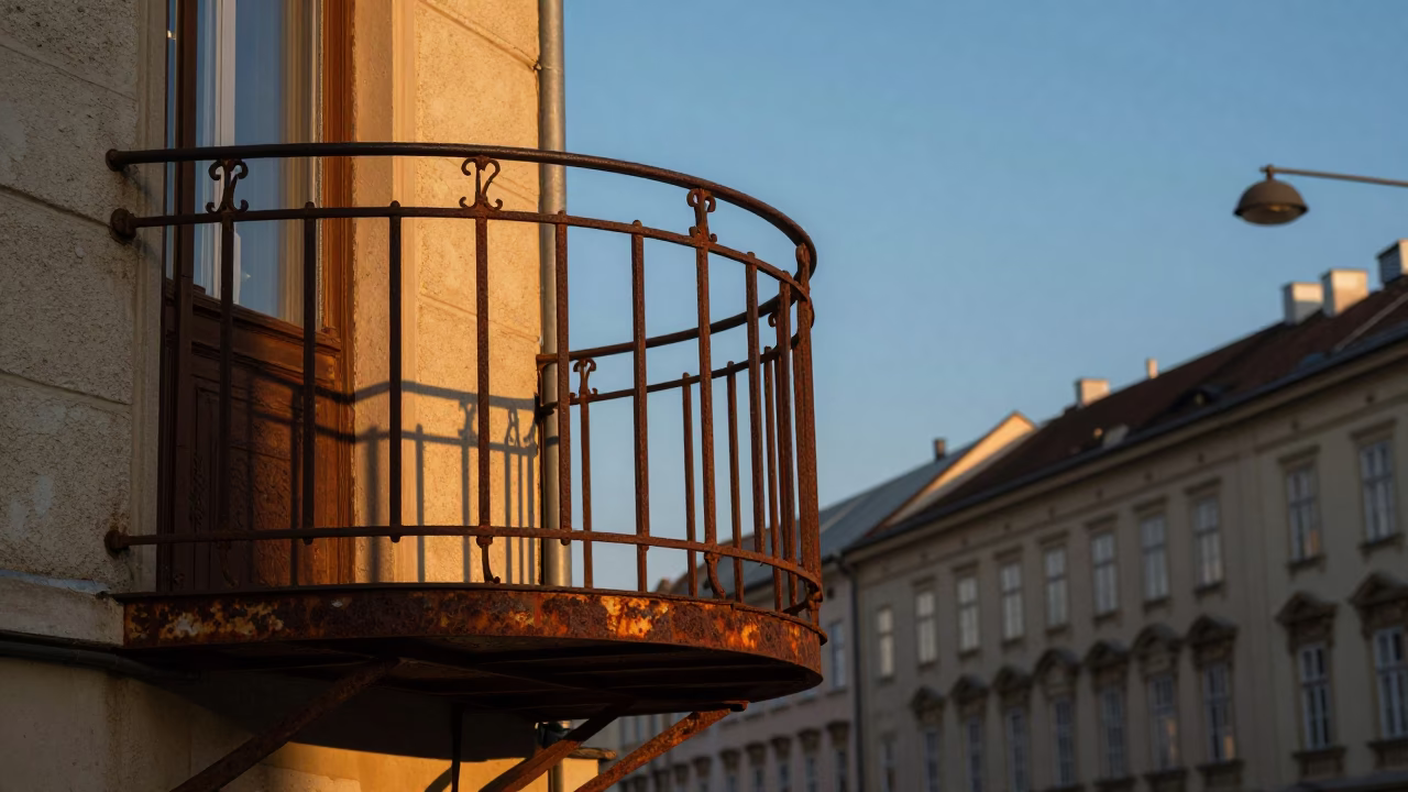 Vienna Austria Sunset Street Scene with Rusty Metal Shelf and Smudged Glass Reflections in in Vienna, Austria