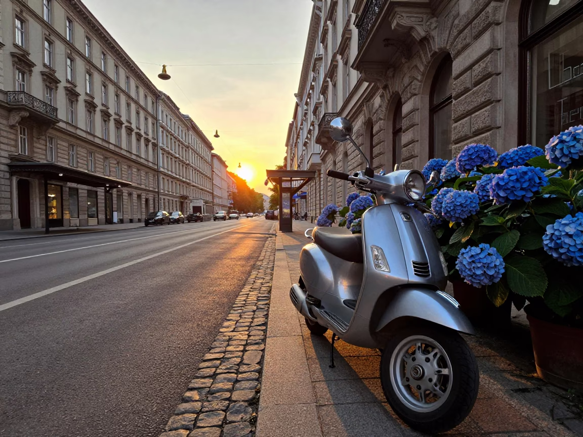 Vienna Austria Sunset Street Scene with Scooter and Blue Hydrangeas in in Vienna, Austria
