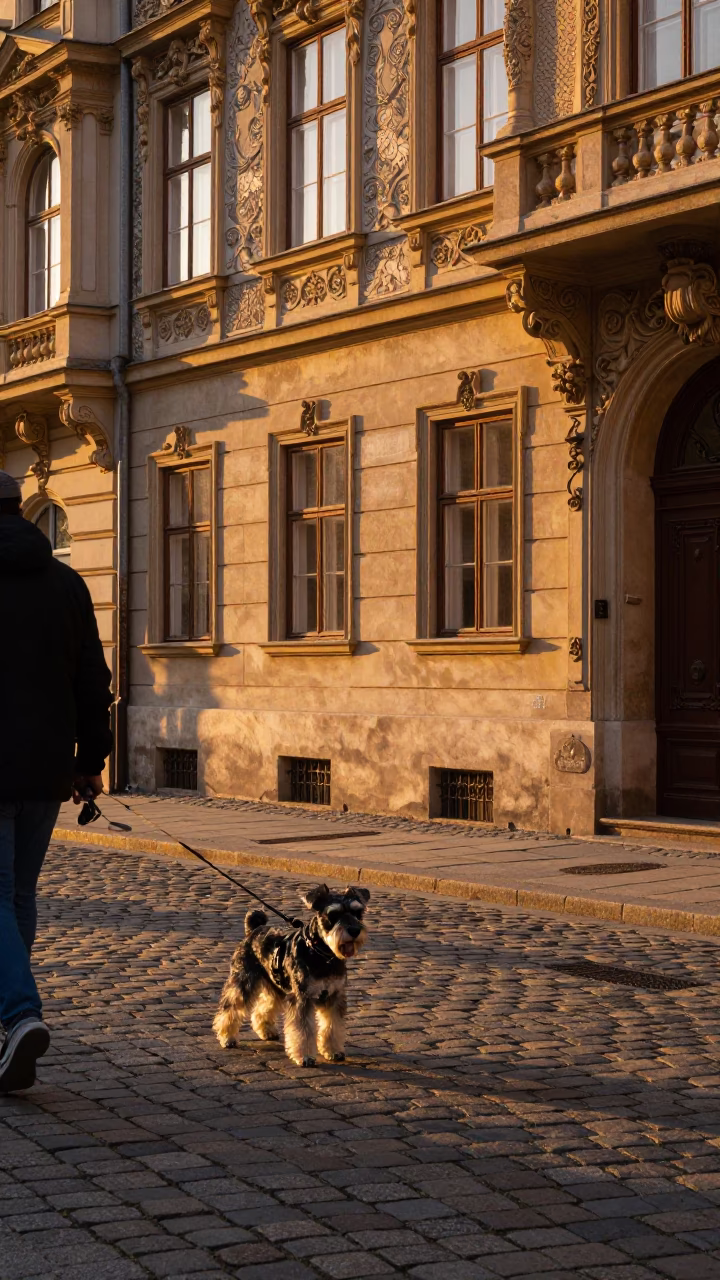 Vienna Austria Sunset Street Scene with Standard Schnauzer and Historic Architecture in in Vienna, Austria