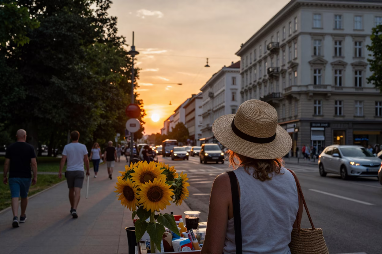 Vienna Austria Sunset Street Scene with Straw Hat and Sunflowers in in Vienna, Austria