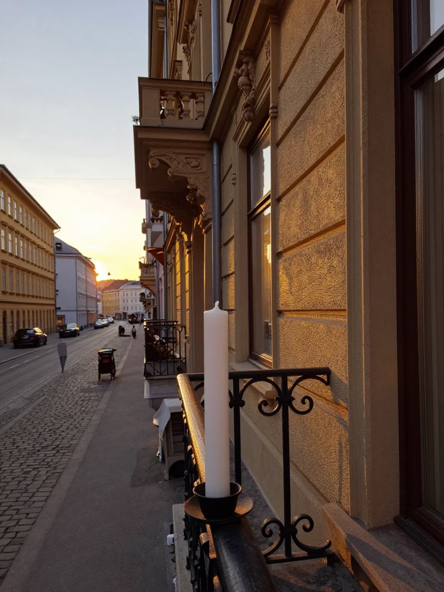 Vienna Austria Sunset Street Scene with Taper Candle on Balcony and Historical Architecture in in Vienna, Austria