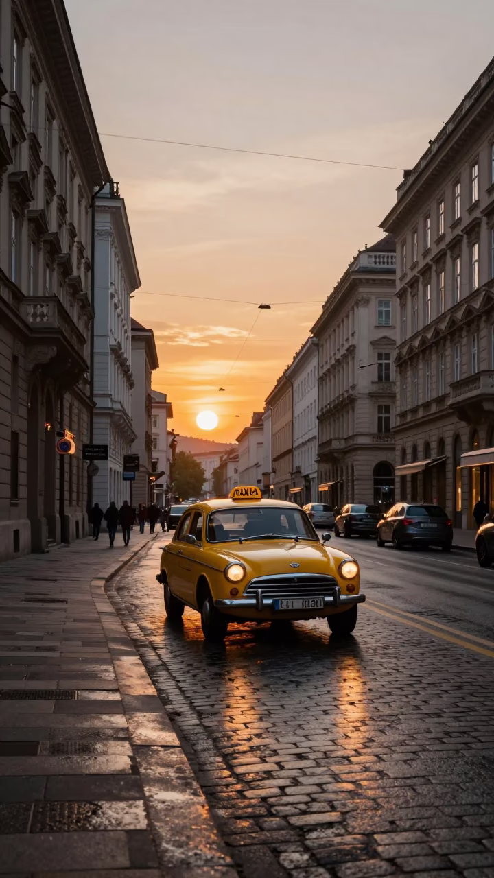 Vienna Austria Sunset Street Scene with Vintage Yellow Taxi and Traditional Architecture in in Vienna, Austria