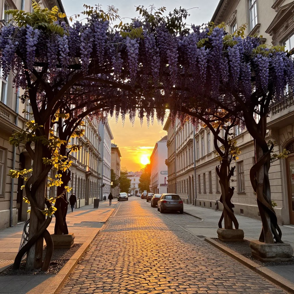 Vienna Austria Sunset Street Scene with Wisteria Tunnel and Urban Life in in Vienna, Austria