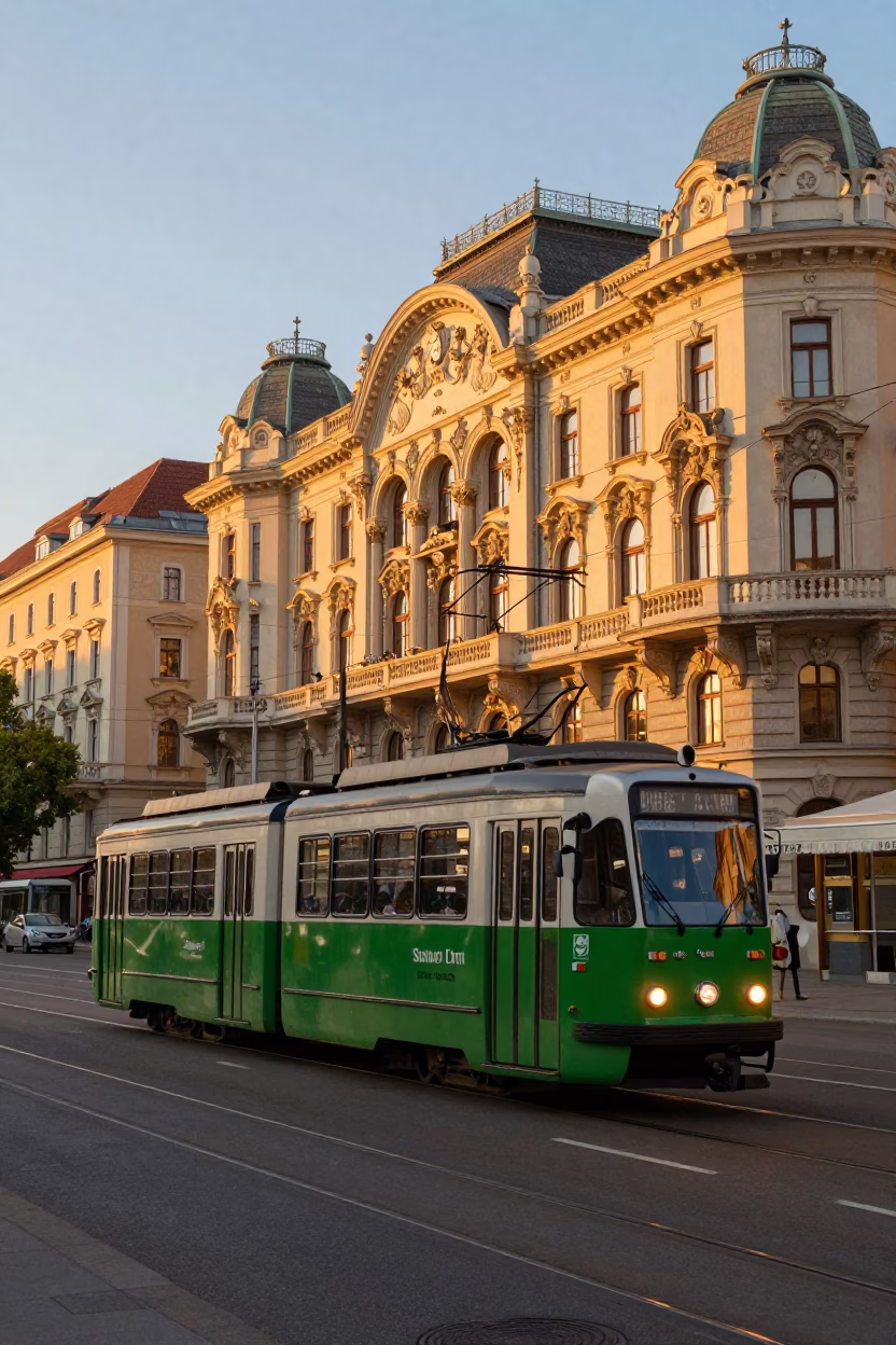 Vienna Austria Sunset Tram Passing Historic Art Nouveau Facades with Urban Reflections in in Vienna, Austria