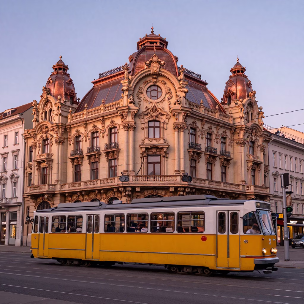 Vienna Austria Tram Passing Art Nouveau Facades in Copper Toned Dusk Light in in Vienna, Austria