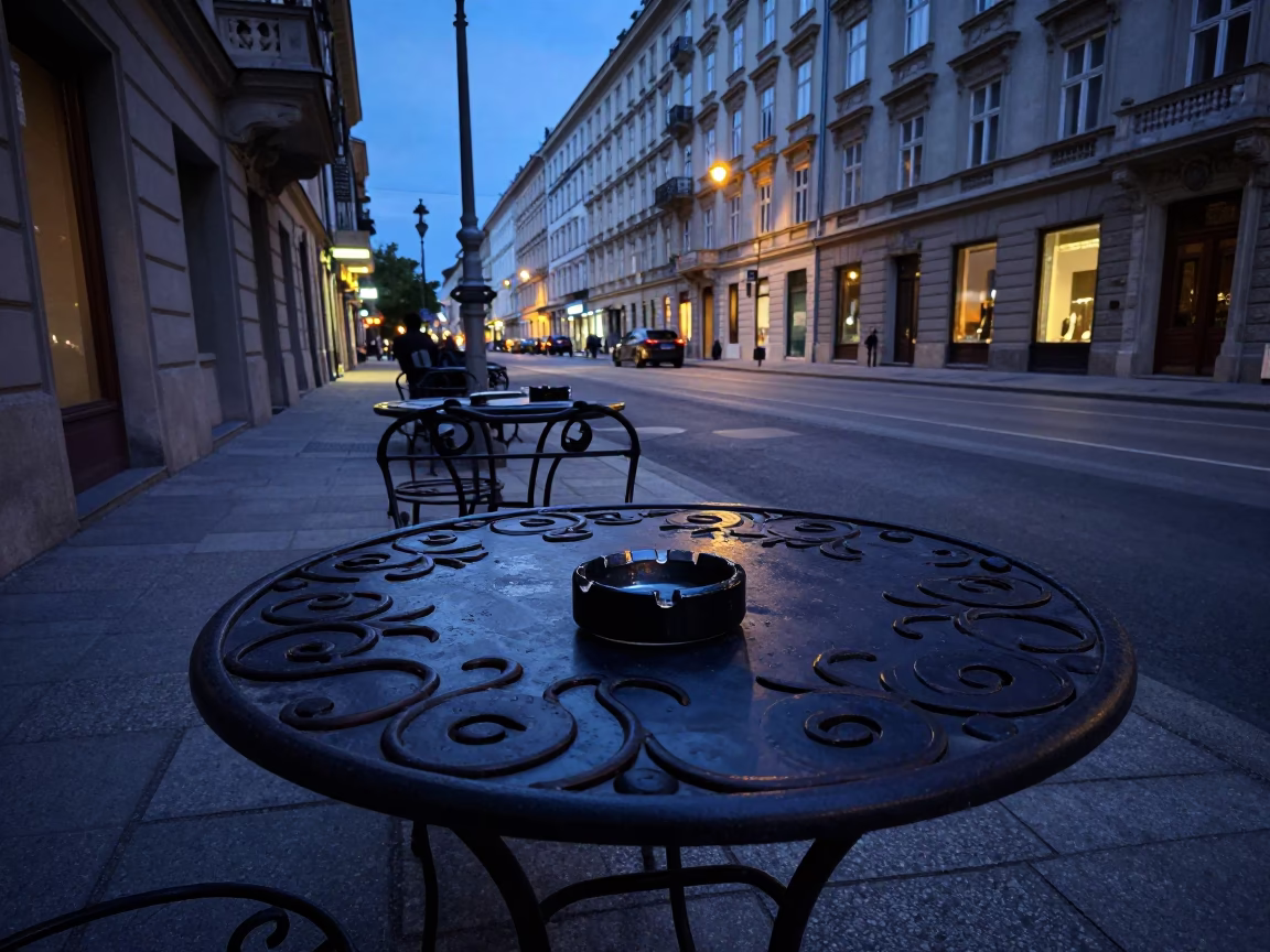 Vienna Austria Twilight Street Scene with Ashtray and Plumb Bob on Cafe Table in in Vienna, Austria