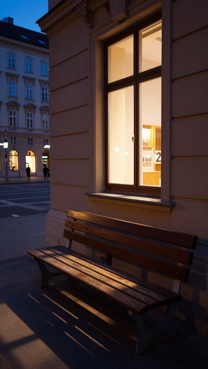 Vienna Austria Twilight Street Scene with Bench and Warm Window Light in in Vienna, Austria