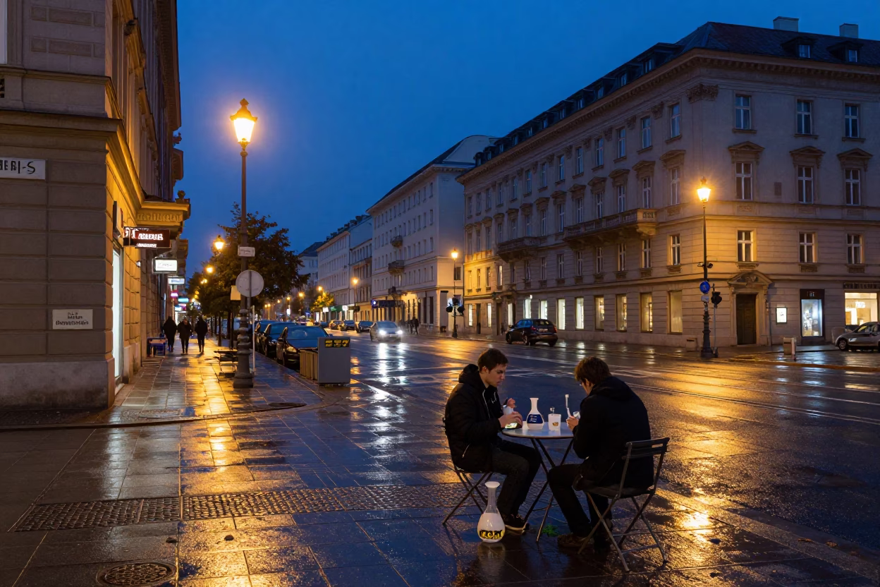 Vienna Austria Twilight Street Scene with Chemist Beaker and Local Atmosphere in in Vienna, Austria