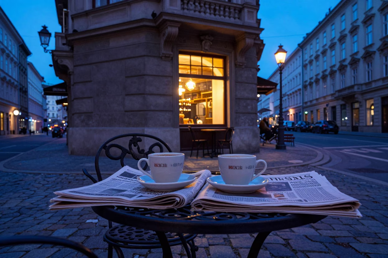 Vienna Austria Twilight Street Scene with Coffee Mugs and Newspaper Stack in in Vienna, Austria