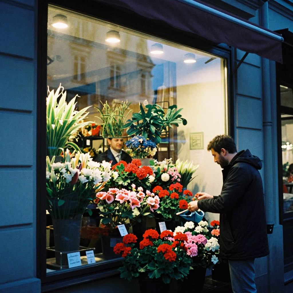 Vienna Austria Twilight Street Scene with Florist and Geraniums in in Vienna, Austria