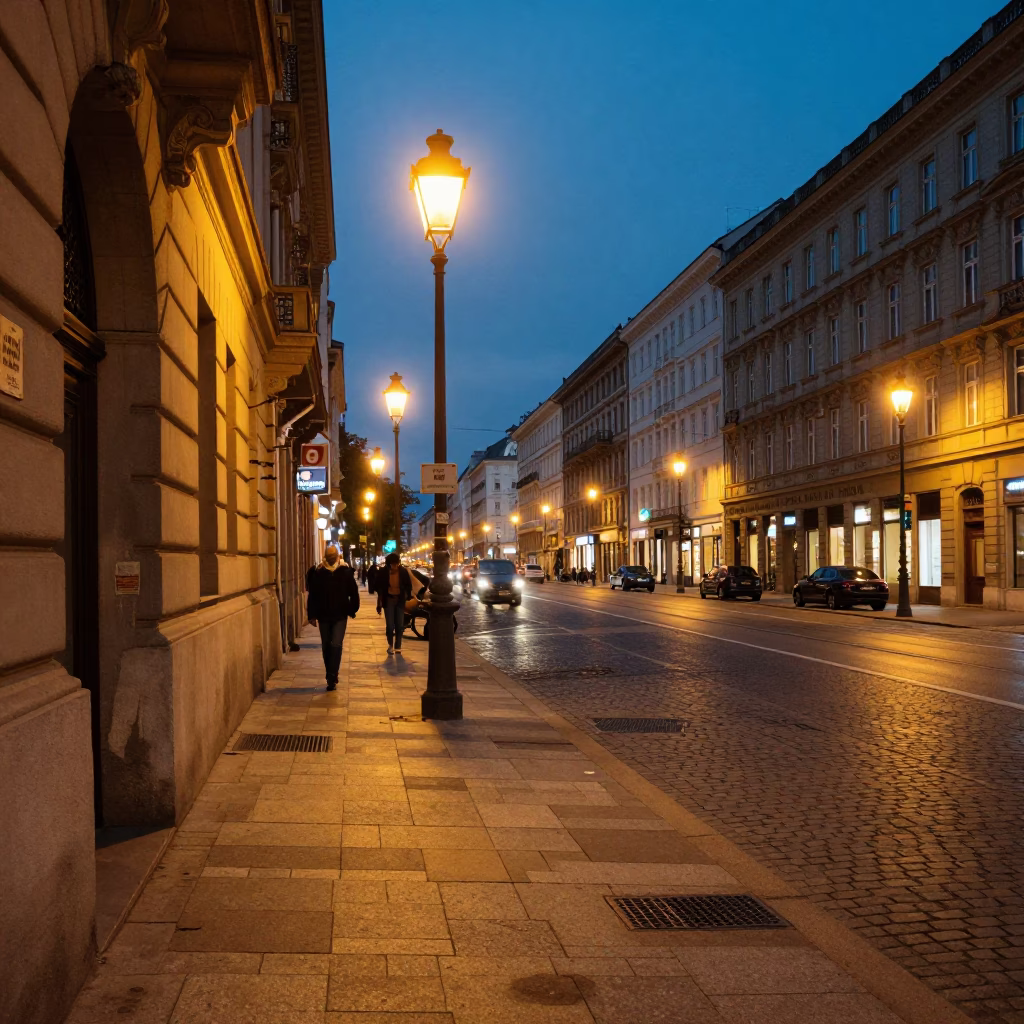 Vienna Austria twilight street scene with glowing lights and local architecture in in Vienna, Austria
