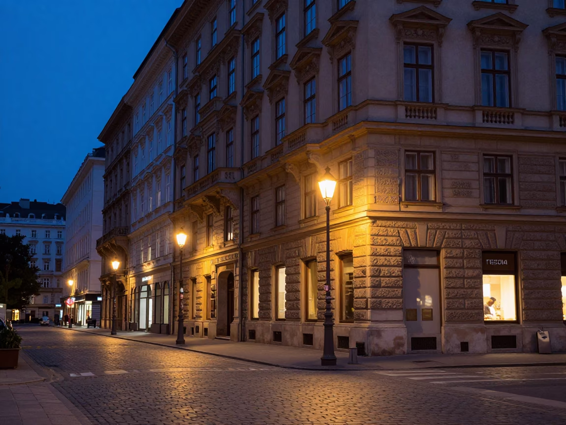 Vienna Austria Twilight Street Scene with Historic Architecture and Urban Life in in Vienna, Austria