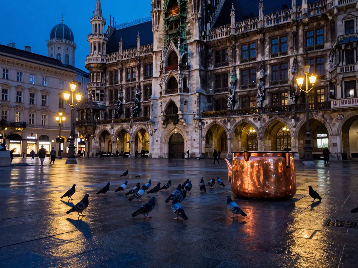 Vienna Austria Twilight Street Scene with Pigeons and Copper Pots in in Vienna, Austria