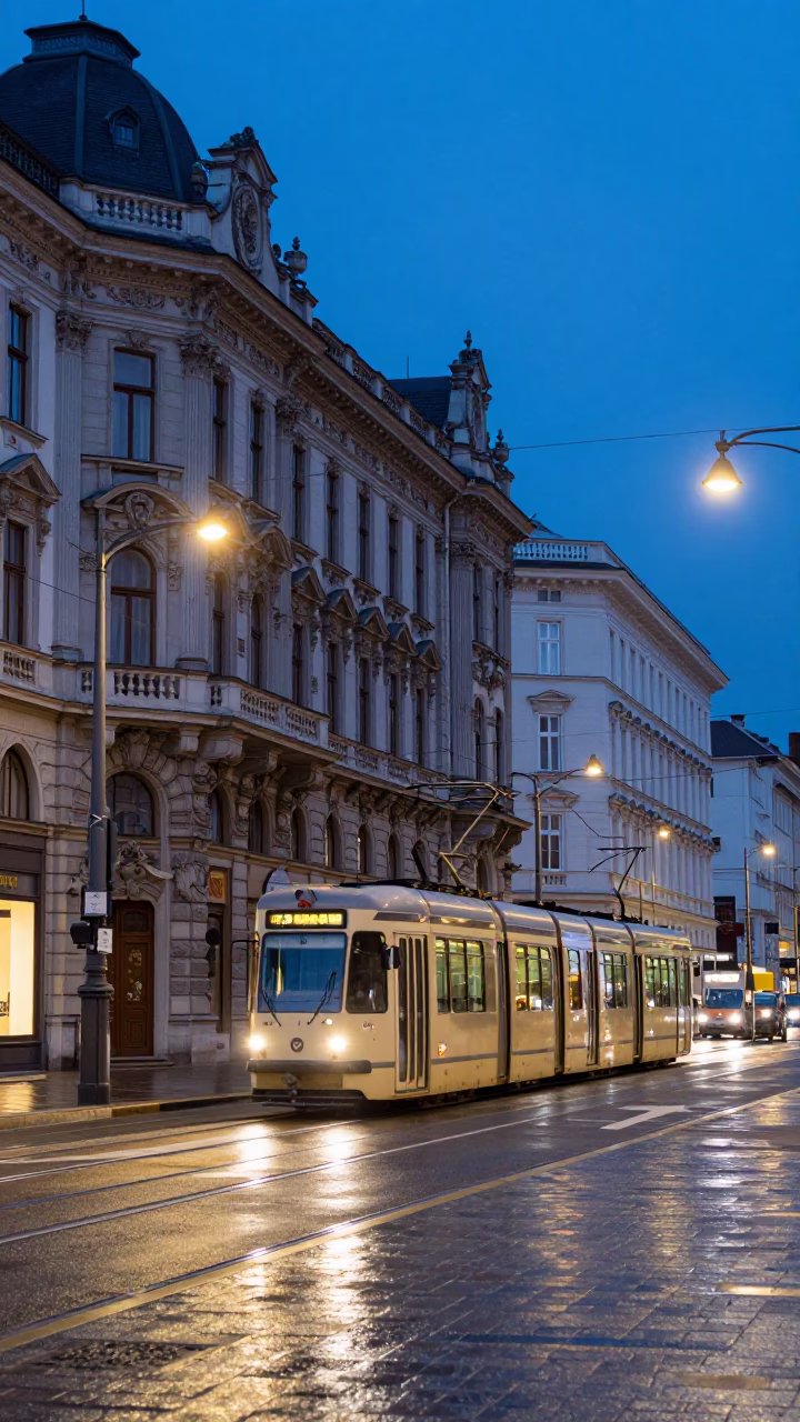 Vienna Austria Twilight Street Scene with Tram and Historic Architecture in in Vienna, Austria