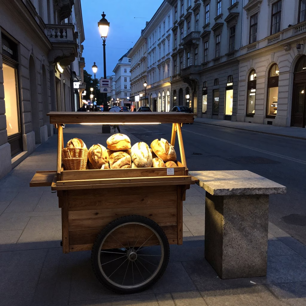Vienna Austria Twilight Street Scene with Wooden Bread Basket and Stone Slab in in Vienna, Austria