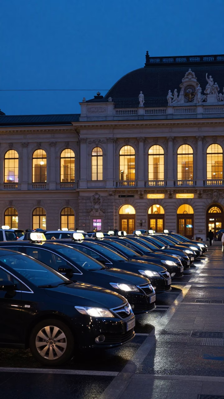 Vienna Austria Twilight Taxi Rank Outside Train Station Blue Hour in in Vienna, Austria