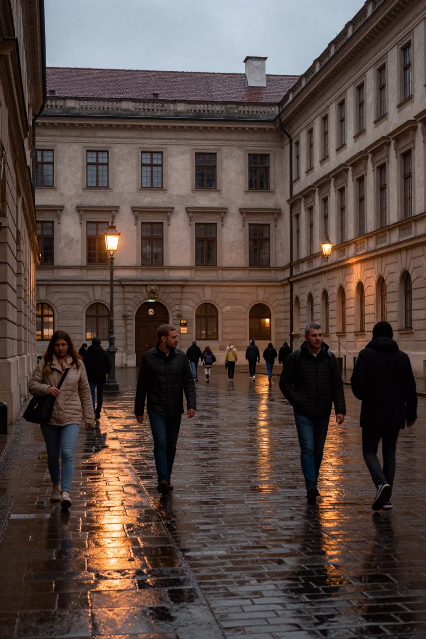 Vienna Austria University Cloister Wet Flagstones Copper Dusk Street Scene in in Vienna, Austria