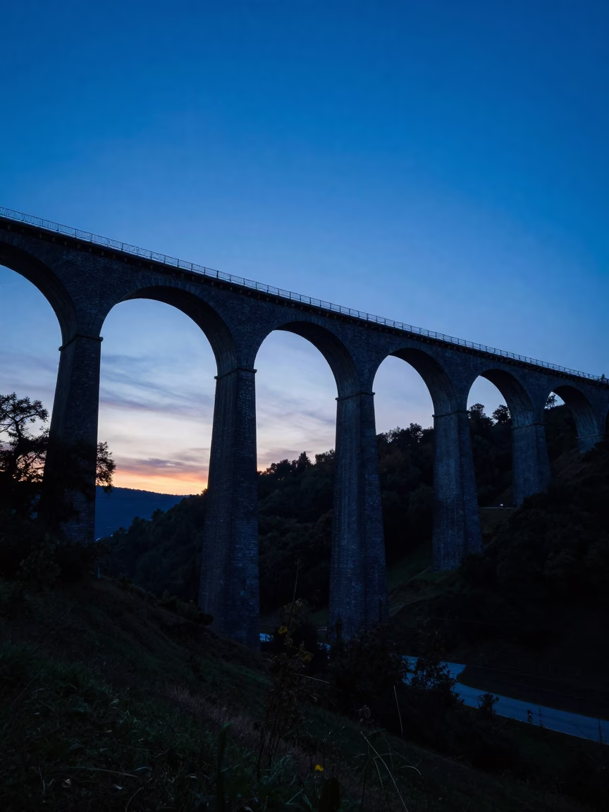 Vienna Blue Hour Railway Viaduct Arches Over Valley Twilight Landscape in in Vienna, Austria