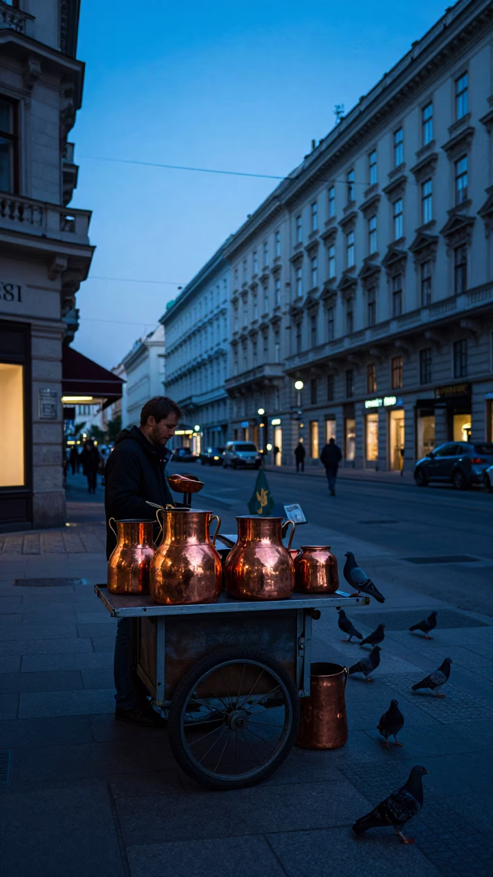 Vienna Blue Hour Street Scene with Copper Pots and Pigeons in in Vienna, Austria