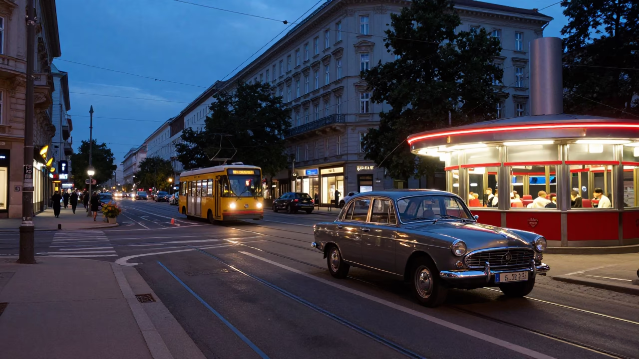 Vienna Blue Hour Street Scene with Funicular Railway and Vintage Car in in Vienna, Austria