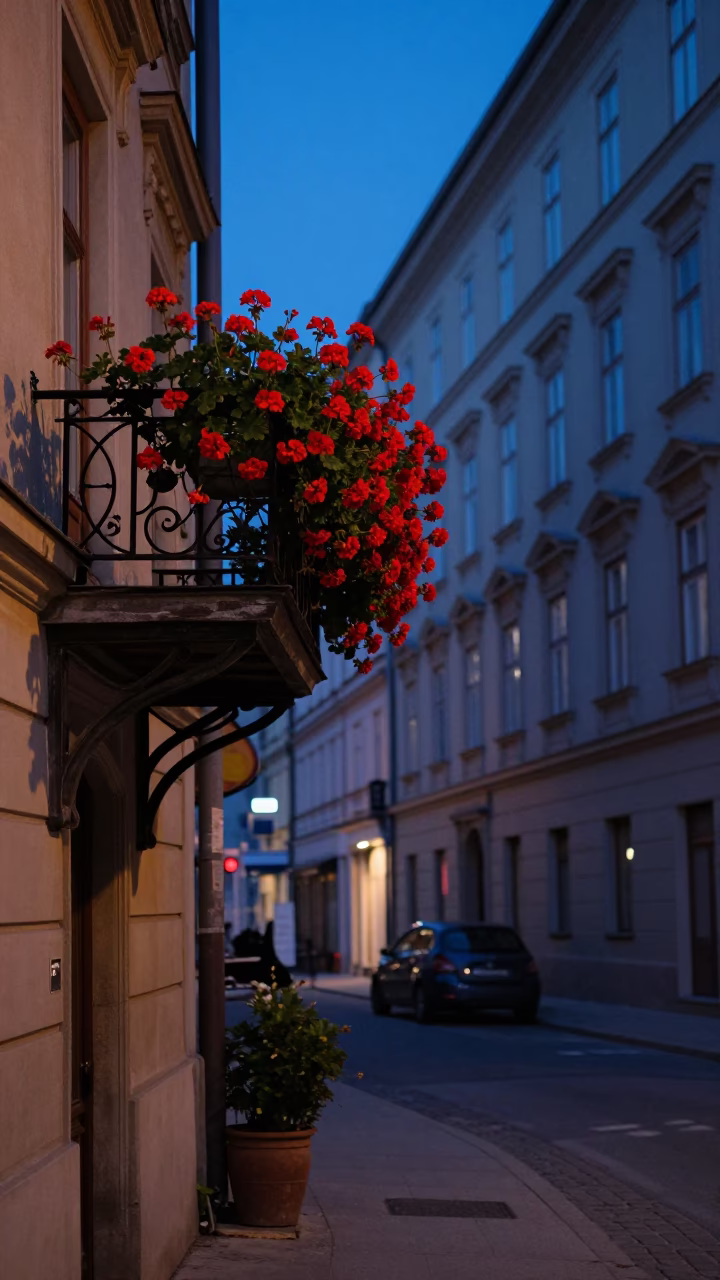 Vienna Blue Hour Street Scene with Geraniums and Historic Architecture in in Vienna, Austria
