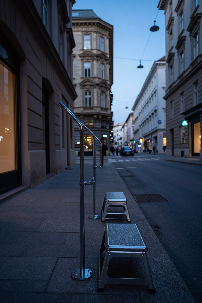 Vienna Blue Hour Street Scene with Glass Handle and Step Stools in in Vienna, Austria