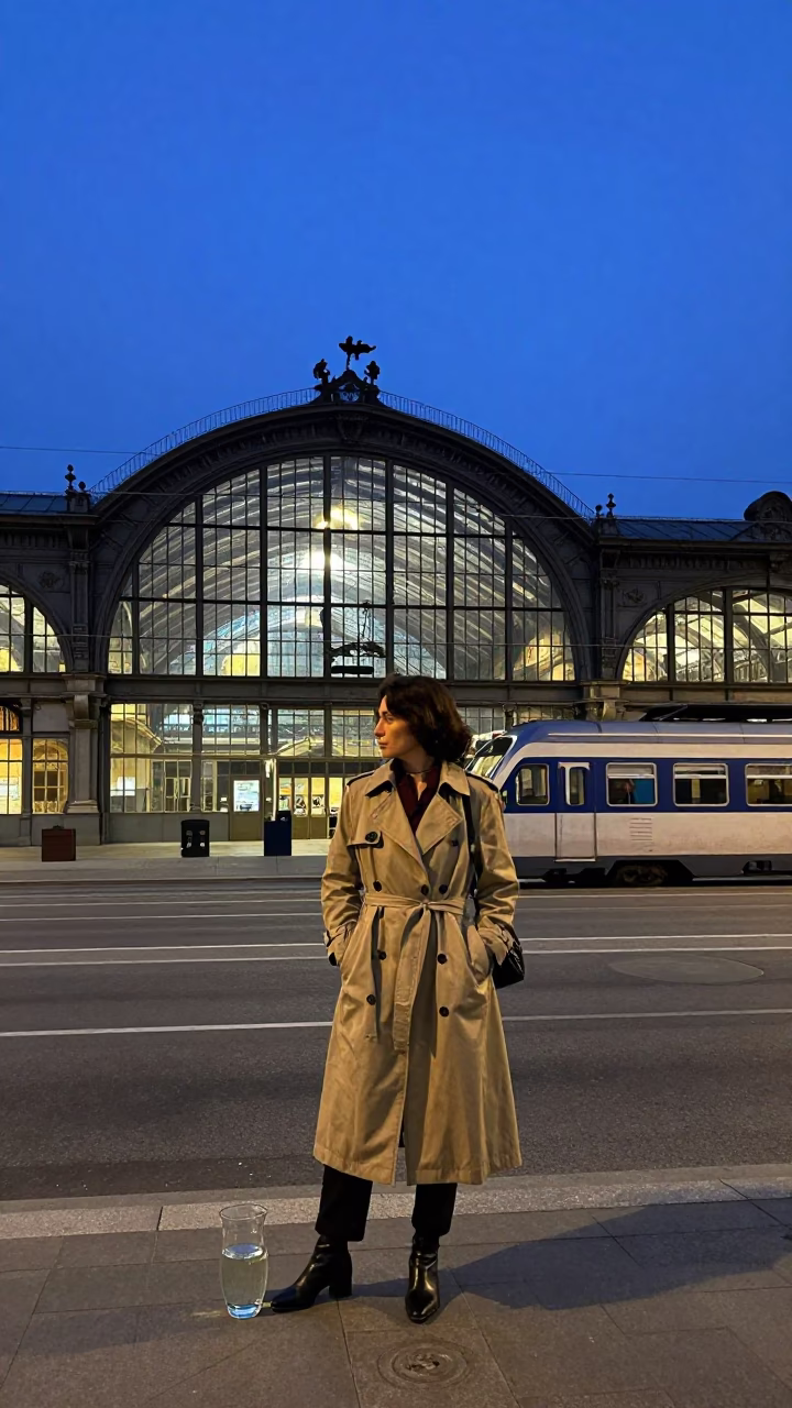Vienna Blue Hour Street Scene with Glass Pitcher and Train Station Silhouette in in Vienna, Austria