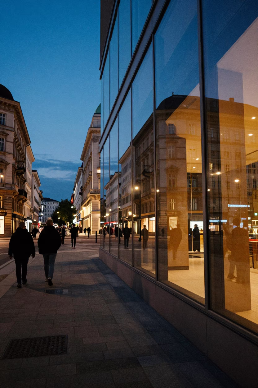 Vienna Blue Hour Street Scene with Glass Wall Reflections and City Lights in in Vienna, Austria