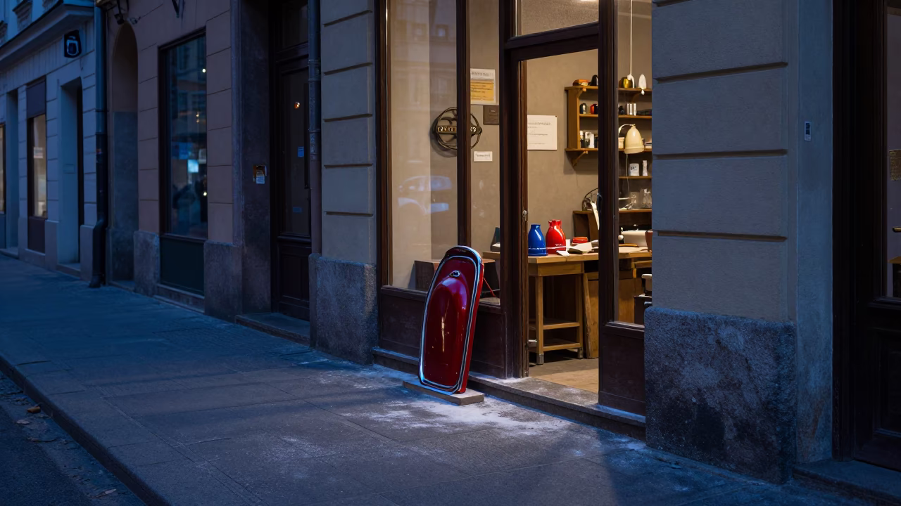 Vienna blue hour street scene with glossy enamel and workbench elements in in Vienna, Austria