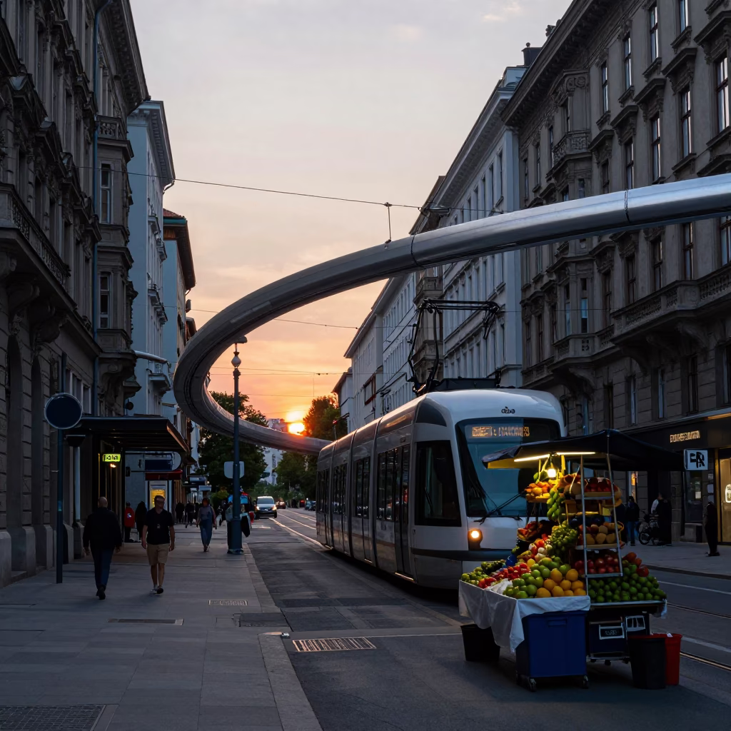 Vienna Blue Hour Street Scene with Monorail and Fruit Vendor in in Vienna, Austria
