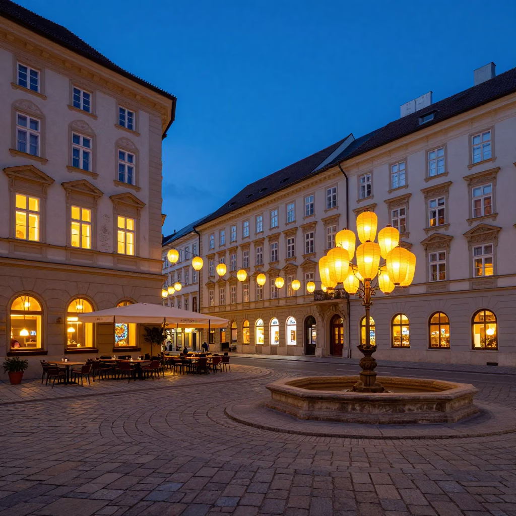 Vienna Blue Hour Street Scene with Paper Lanterns and Historic Architecture in in Vienna, Austria