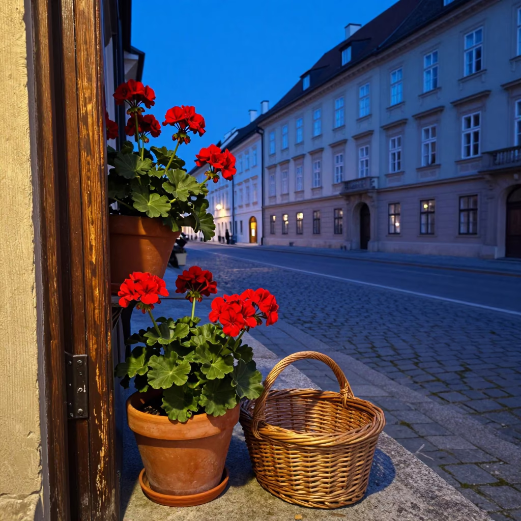 Vienna Blue Hour Street Scene with Potted Geraniums and Wicker Basket in in Vienna, Austria