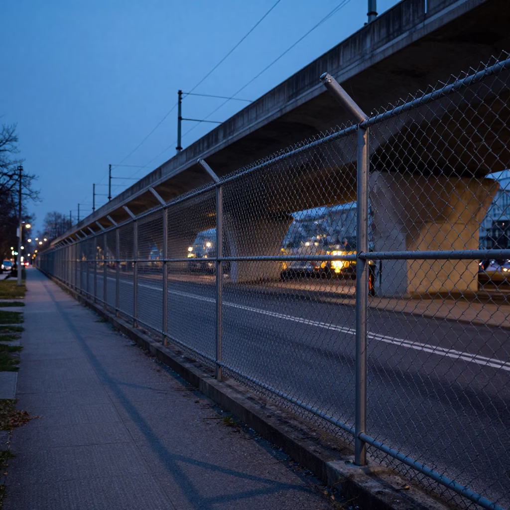 Vienna Blue Hour Street Scene with Substation Fence and Concrete Viaduct in in Vienna, Austria